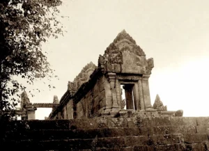 Black and white overview image of Preah Vihear which is a UNESCO World Heritage site.