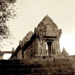 Black and white overview image of Preah Vihear which is a UNESCO World Heritage site.